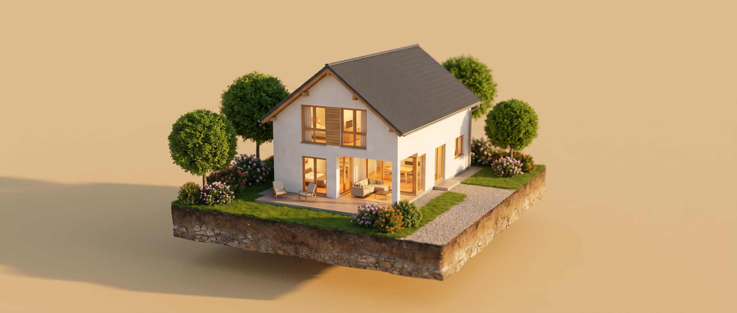 Einfamilienhaus als Miniatur auf einer Erdscholle
